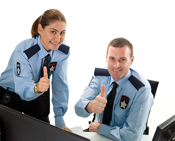 Woman and man security guard isolated on white background.